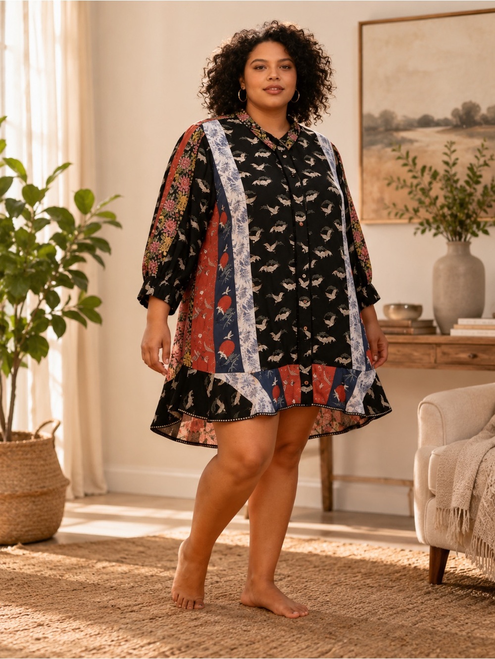 Johnny Was Black Multi-Panel Floral-Print Mini Dress